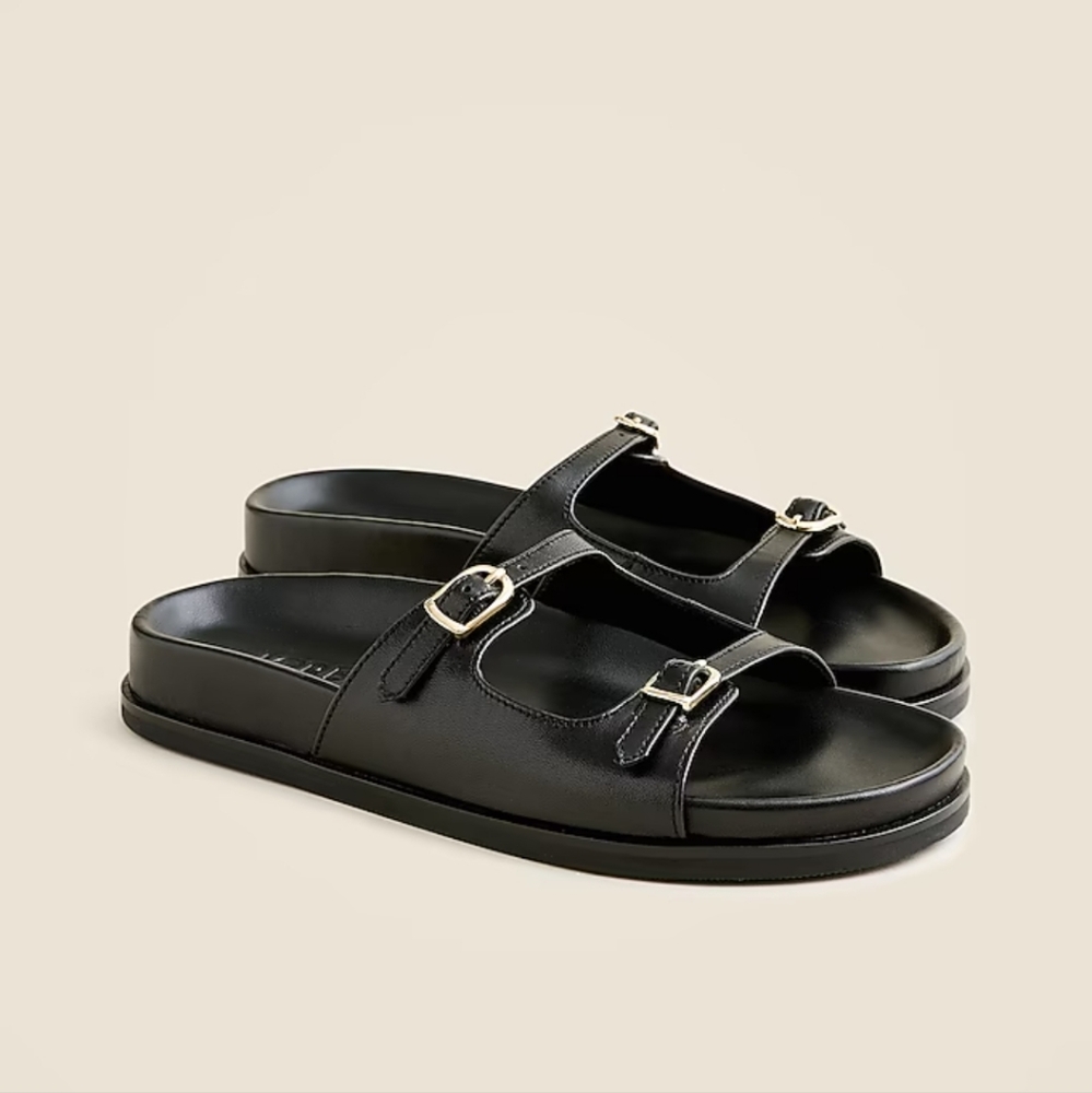 J Crew Sandal Women 10 Black Leather Metal Buckle Slip On Summer Neutral Colbie